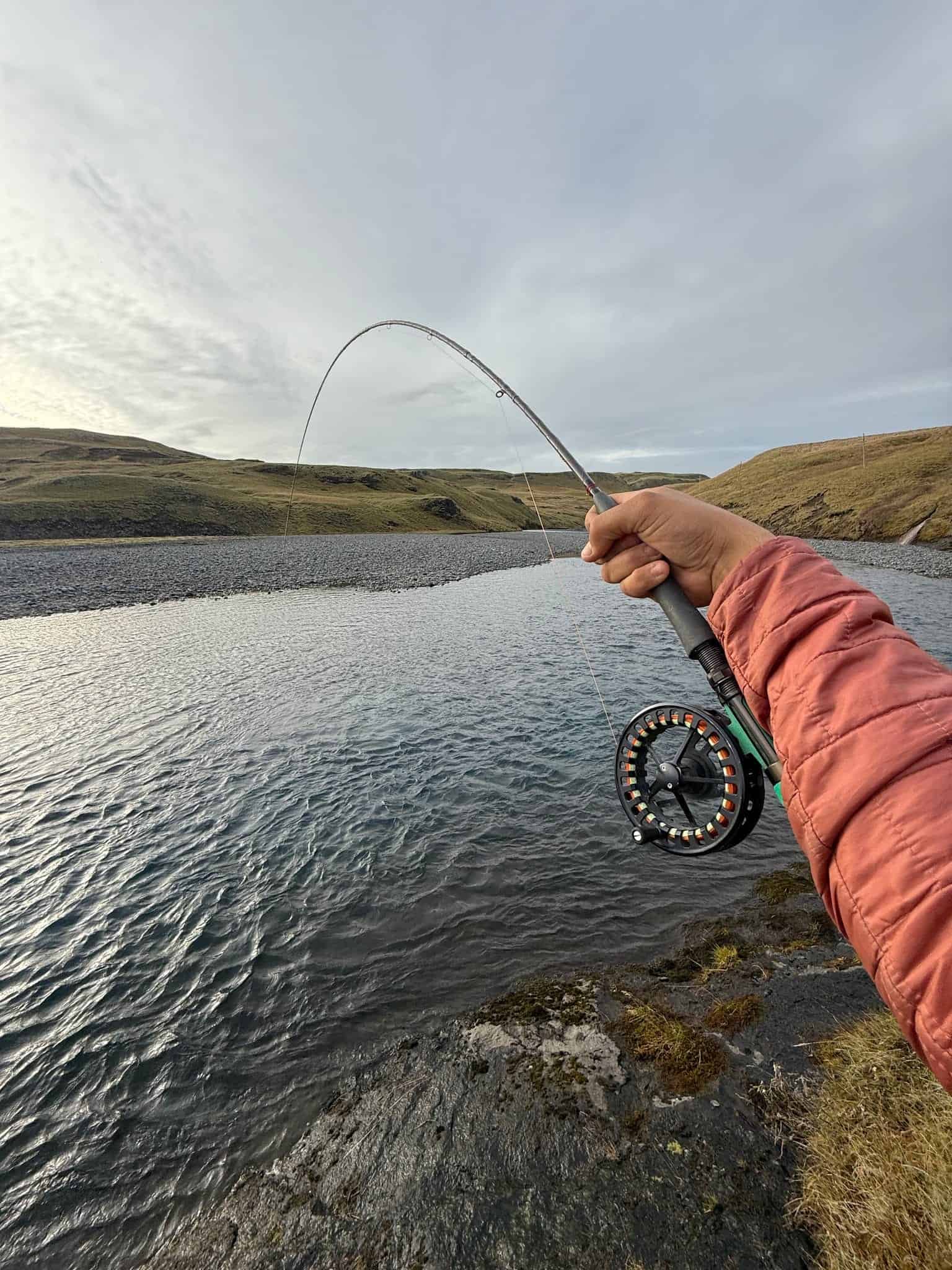 Fishing rod over a scenic lake in a wilderness area.