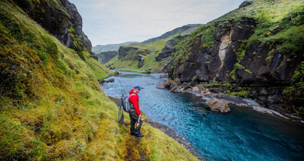 Amateur fisherman catches fish in Icelandic river surrounded by moss-covered cliffs.