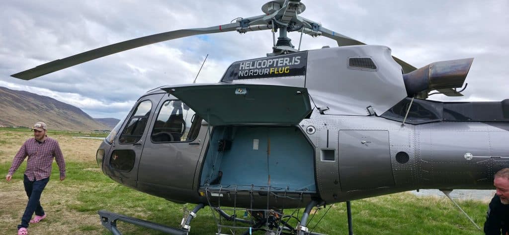 Helicopter on grassy field with mountains in background.