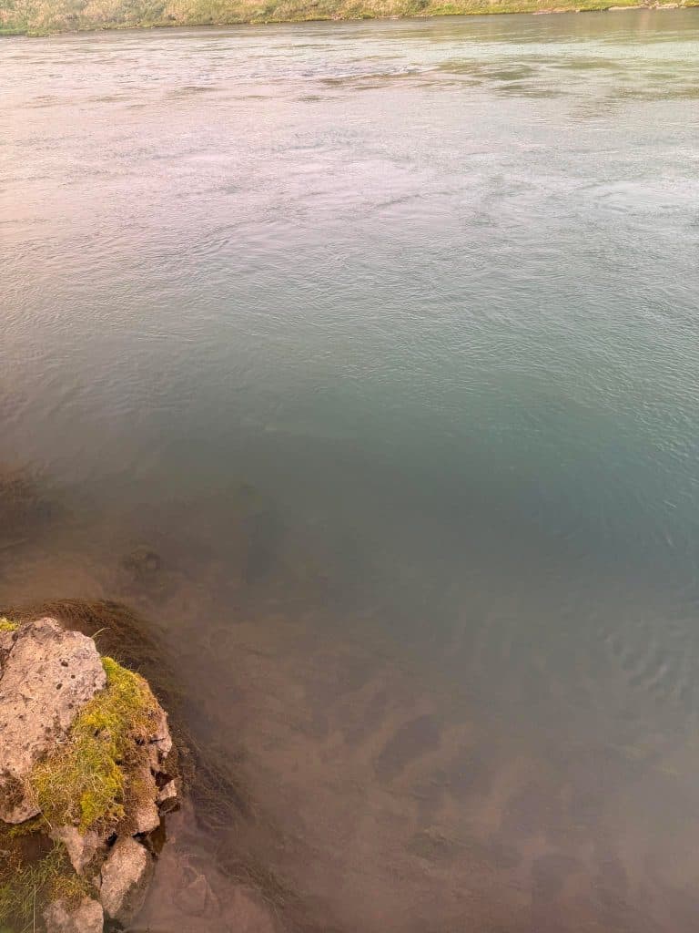 Calm river with clear water and rocks at the bank.