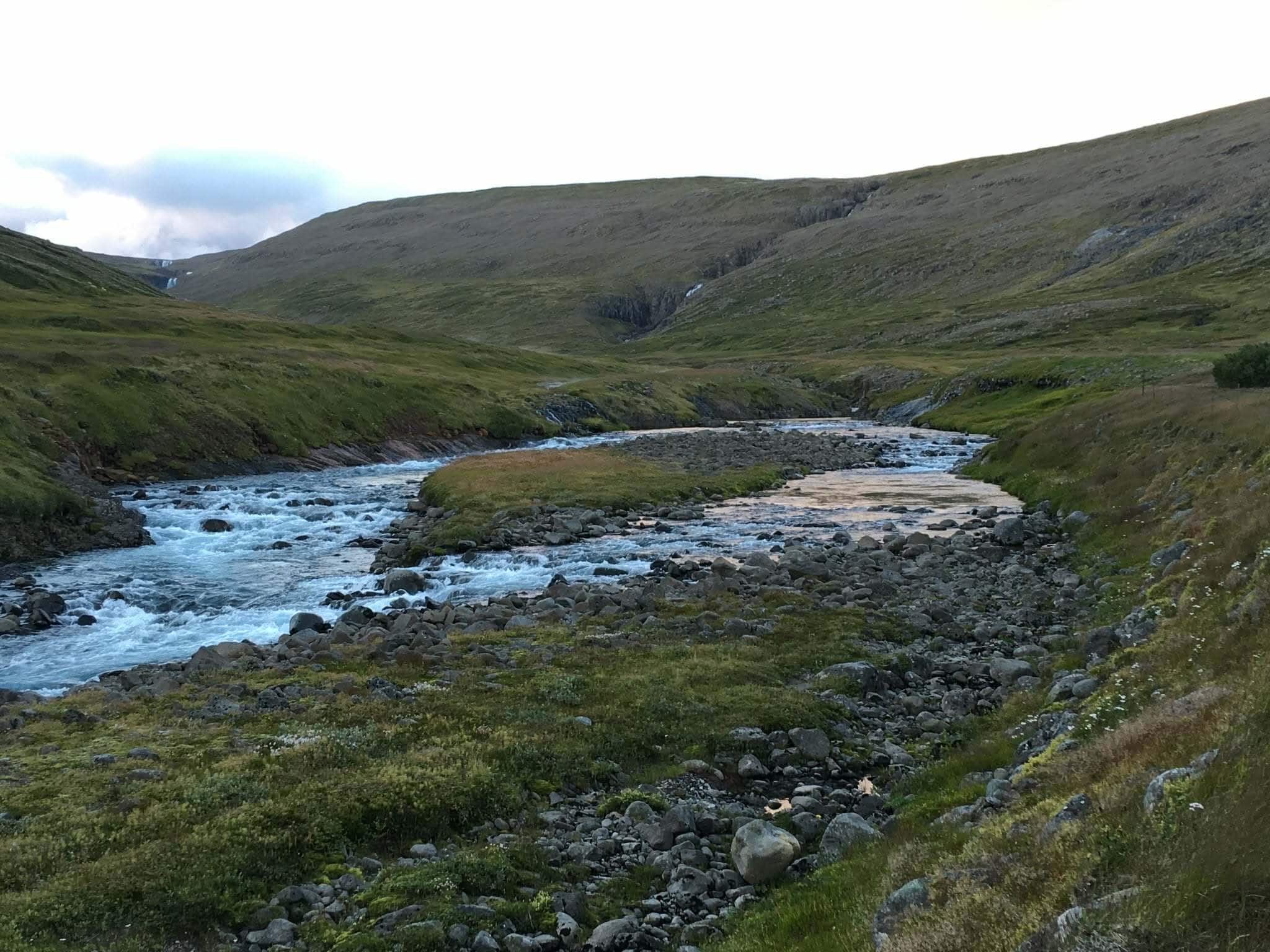 Scenic view of the Goðdalsá river flowing through lush green hills.