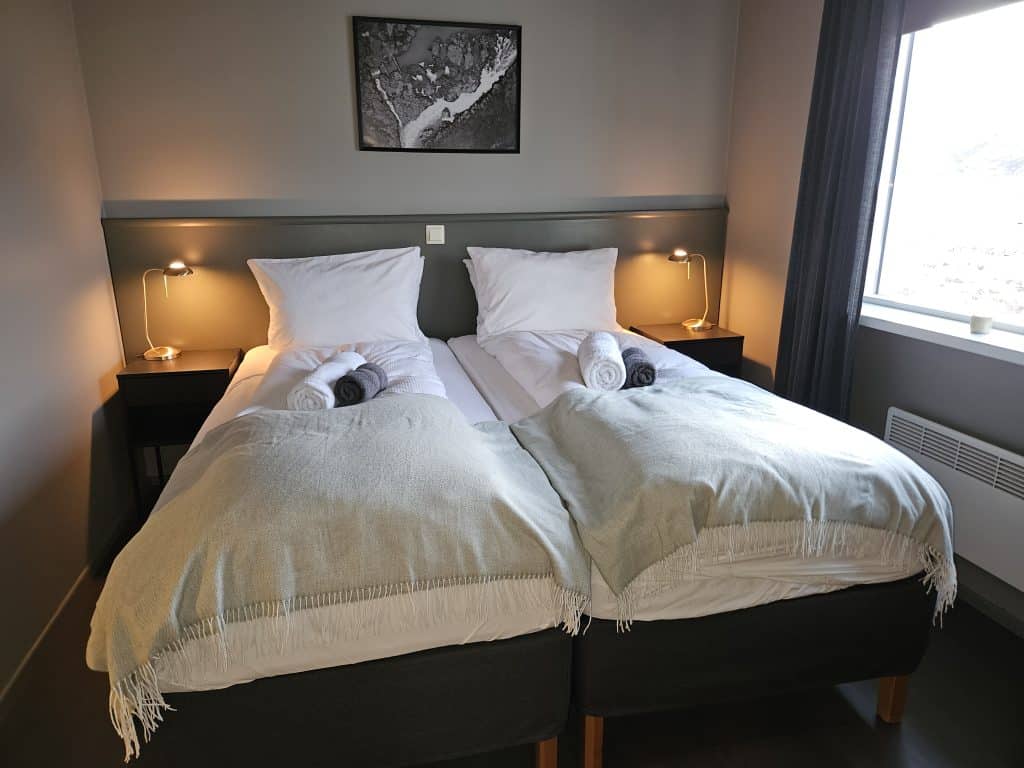 Twin beds in a modern hotel room with bedside lamps and window view.