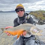 Large fish caught by an angler at a river shore with scenic mountains in the background. Fish partner, fishing, catch, river, outdoor, angler, fishing gear, aquatic life, sport fishing, nature.