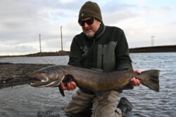 Fisherman displaying a large rainbow trout after a successful catch in a river. Large rainbow trout caught by a fisherman in a river, showcasing freshwater fishing success.