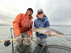 Two anglers showcasing a large rainbow trout caught during a fishing trip. Vibrant rainbow trout catch with two smiling anglers over a peaceful lake.